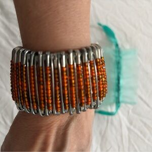 Beaded Orange Safety Pin Stretch Bracelet - Fashion Bracelet